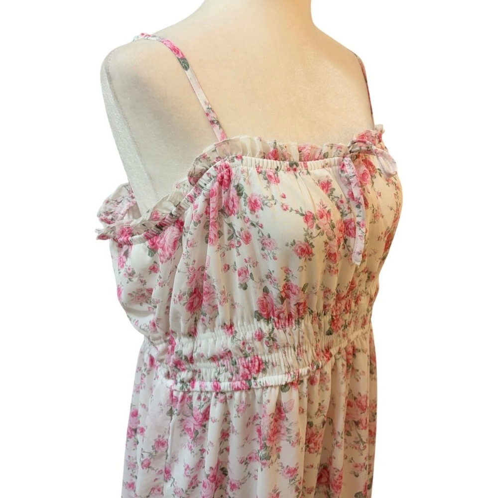 Lily Morgan Pink Floral Smocked Tiered Maxi Dress Large Cottagecore White Rose - Picture 6 of 12